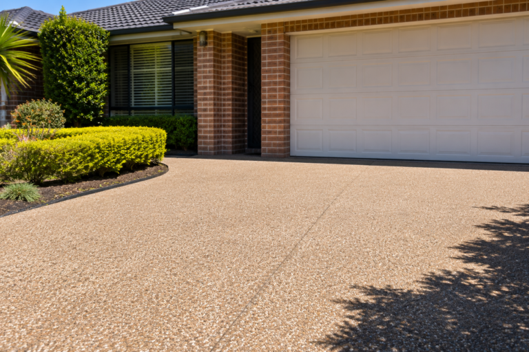Front view of a freshly cleaned residential driveway in Miranda NSW, showing a tidy brick home, clean garage, trimmed hedges, landscaped garden beds and a bright outdoor entrance area.