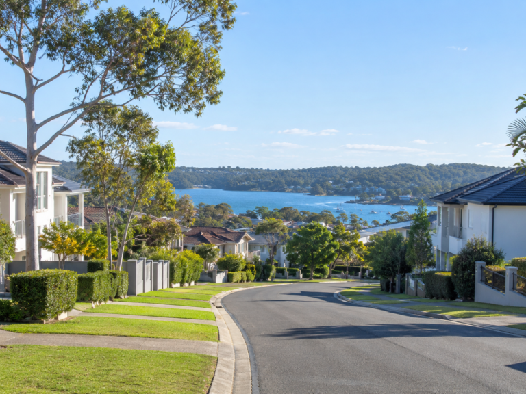 Wide view of a leafy residential street in Caringbah NSW overlooking the water, with clean homes, tidy gardens, large trees, sloping road frontage and bay views under a bright blue sky.
