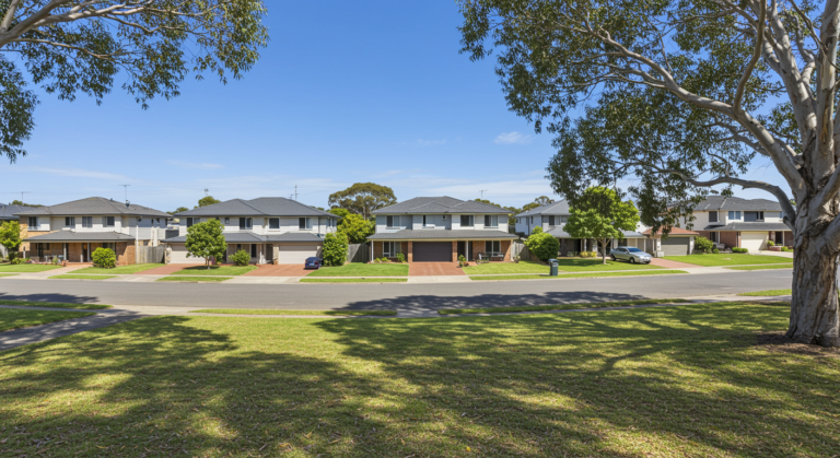 Wide view of a clean residential street in Engadine NSW, showing tidy homes, green lawns, large gum trees, shaded parkland and a peaceful suburban neighbourhood under a clear blue sky.