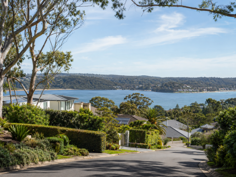 Wide view of a leafy residential street in Gymea Bay NSW overlooking the water, with clean homes, landscaped gardens, large gum trees, hillside bushland and bay views under a bright blue sky.