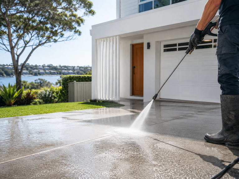 A PeakWash exterior cleaning technician pressure cleaning a residential driveway in Caringbah NSW, with water spraying across the concrete surface beside a clean white home, green lawn, landscaped garden and water views in the background.