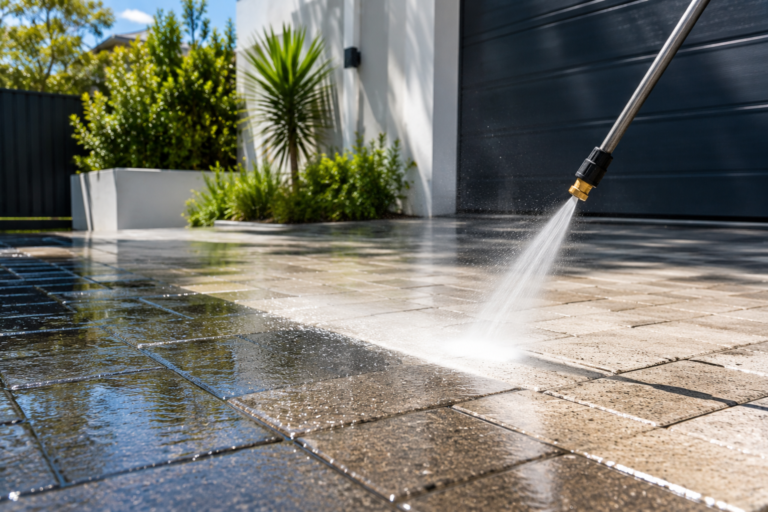 A PeakWash exterior cleaning technician pressure cleaning outdoor tiled flooring in Cronulla NSW, with water spraying across the surface beside a modern home, landscaped greenery and a clean garage area.