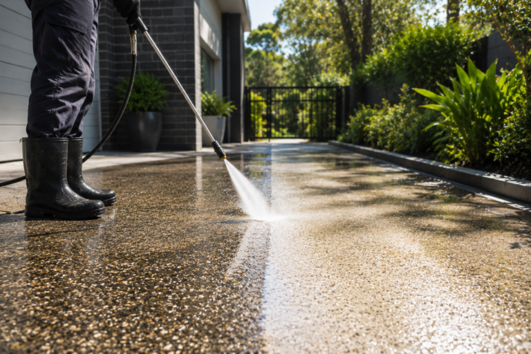 A PeakWash exterior cleaning technician pressure cleaning a residential driveway in Engadine NSW, with water spraying across the surface beside a modern home, landscaped garden beds and surrounding greenery.