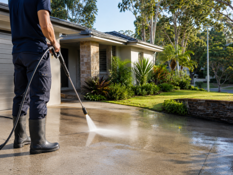 A PeakWash exterior cleaning technician pressure cleaning a residential driveway in Kareela NSW, with water spraying across the concrete surface beside a landscaped home and green garden.
