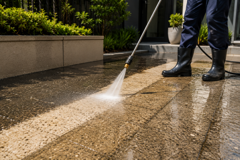 A PeakWash exterior cleaning technician pressure cleaning outdoor tiled flooring in Kirawee NSW, with water spraying across the surface beside a modern home entry, garden beds and surrounding greenery.