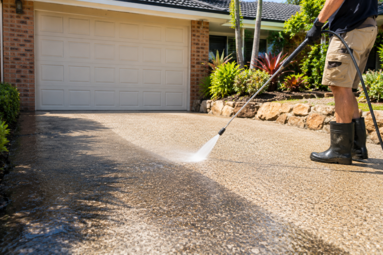 A PeakWash exterior cleaning technician pressure cleaning a residential driveway in Woronora NSW, with water spraying across the concrete surface beside a brick home, garage, landscaped garden beds and surrounding greenery.