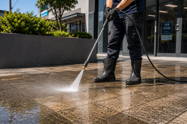 Alt text: A PeakWash exterior cleaning technician pressure cleaning outdoor tiled flooring in Caringbah NSW, with water spraying across a commercial entry area beside glass shopfronts, landscaping and nearby business signage.